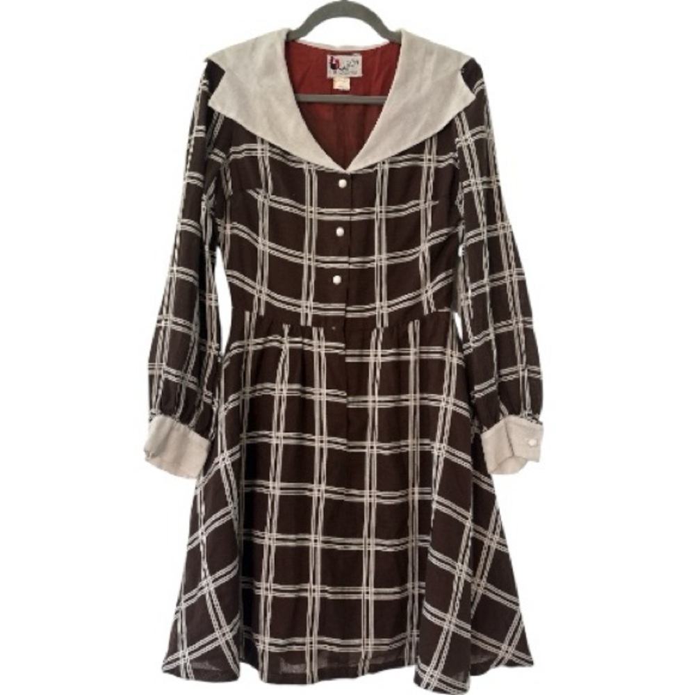 Eve Le Cog California Retro Collar Long Sleeve Grid Check Mini Dress in Brown